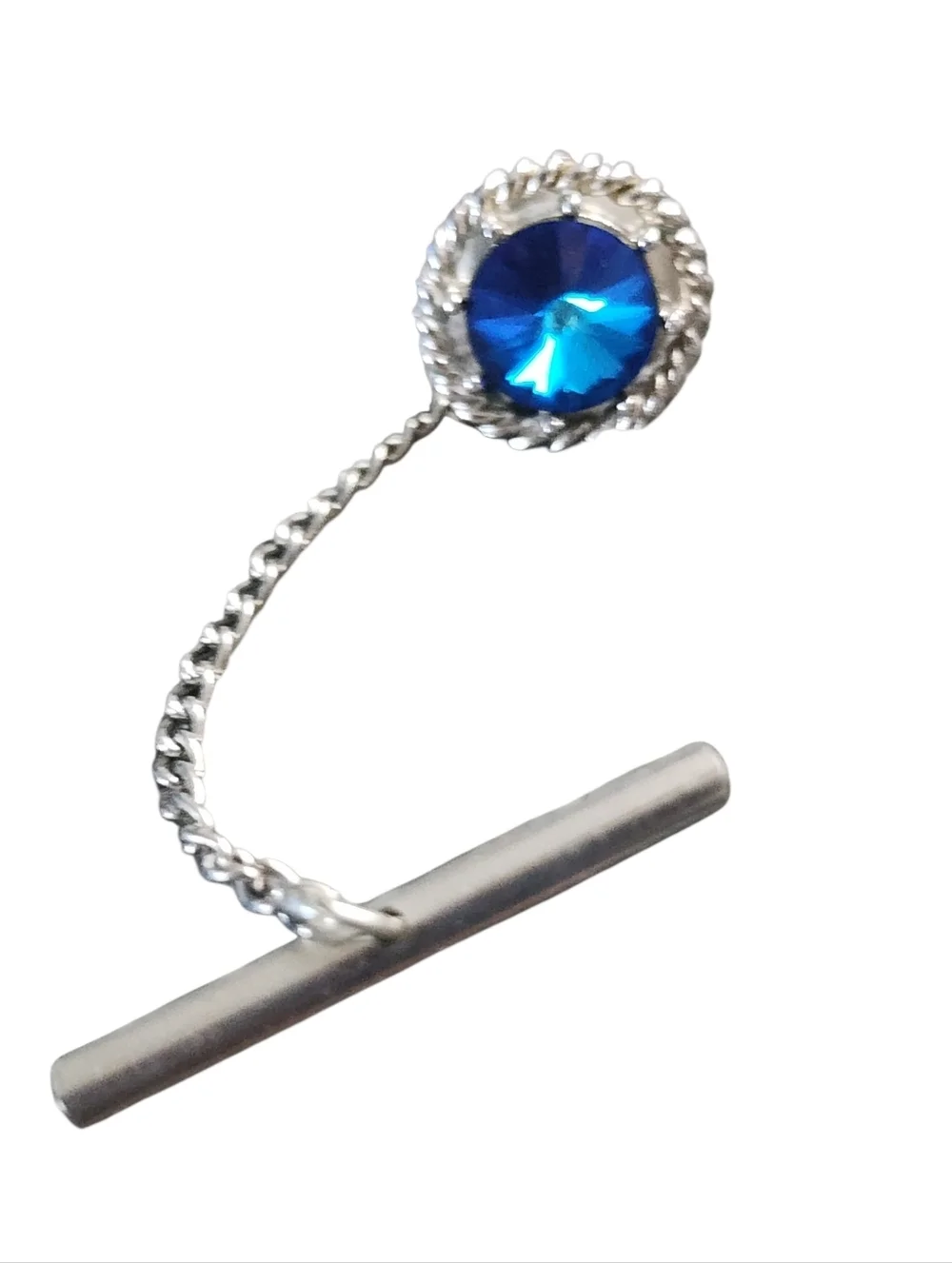 Dante Silvertone Tie Clip Cufflink Set Mesh Blue Rivoli Crystals Vintage